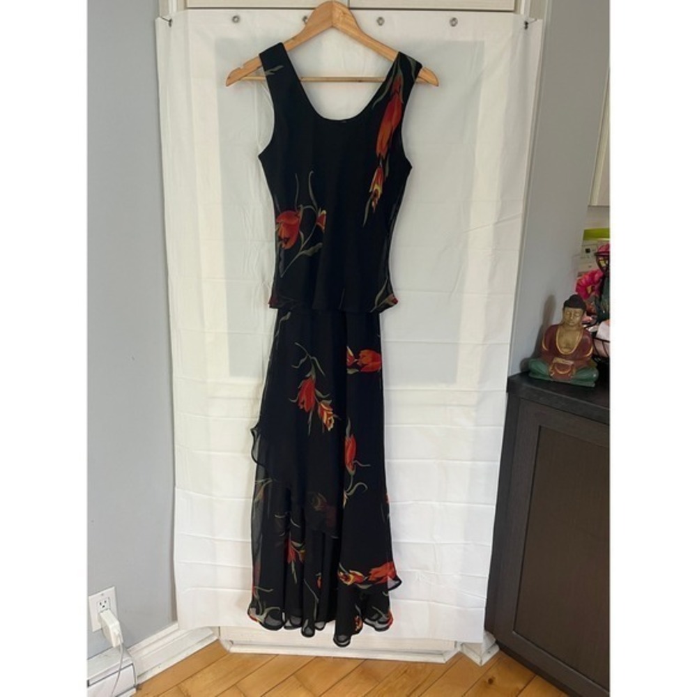 Nikky Vintage Floral Chiffon Maxi Dress Ruffle Tiered Black Red Orange - Picture 6 of 11
